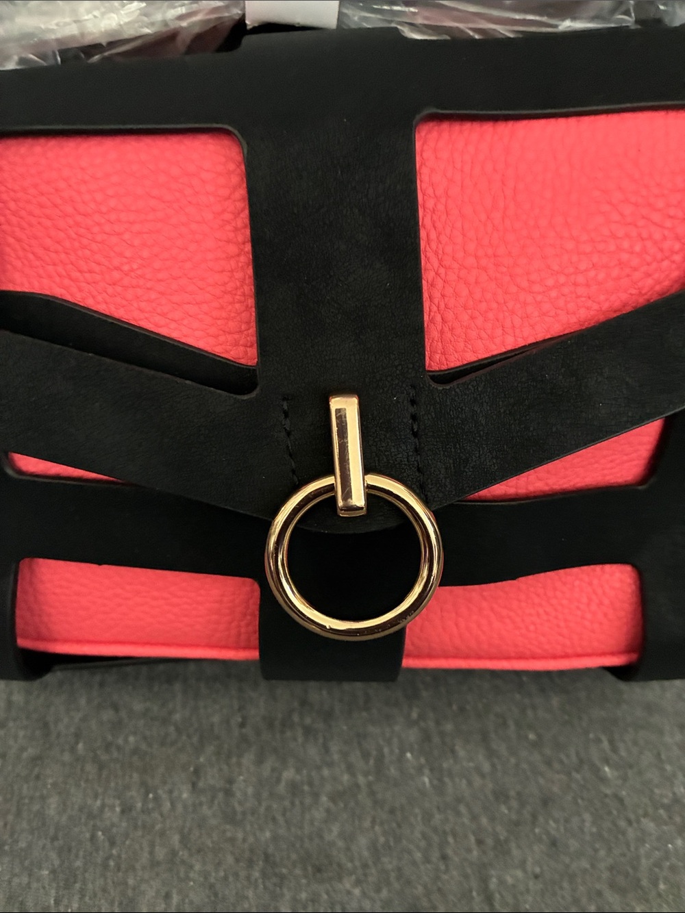 Black and Coral Crossbody Bag with Gold Ring Accent - Picture 3 of 7